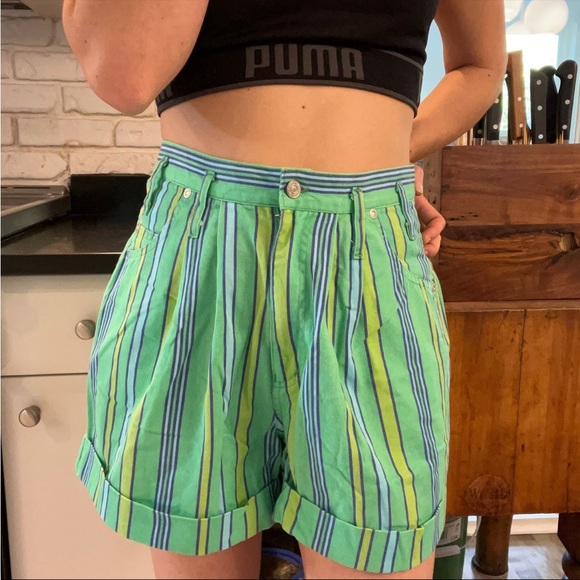 Skoozi vintage 90s 80s green blue vertical striped high rise shorts high waisted - Picture 2 of 10